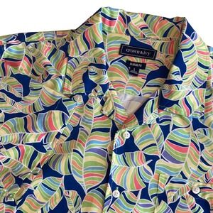 Crown & Ivy Mens Large Classic Fit Tropical Leaf Button Down Shirt Blue Multi